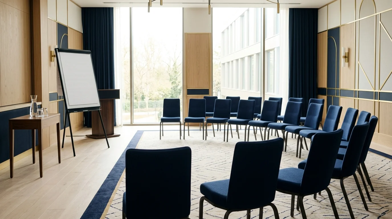 Heller Seminarraum mit leerem Flipchart und im Halbkreis angeordneten Stühlen