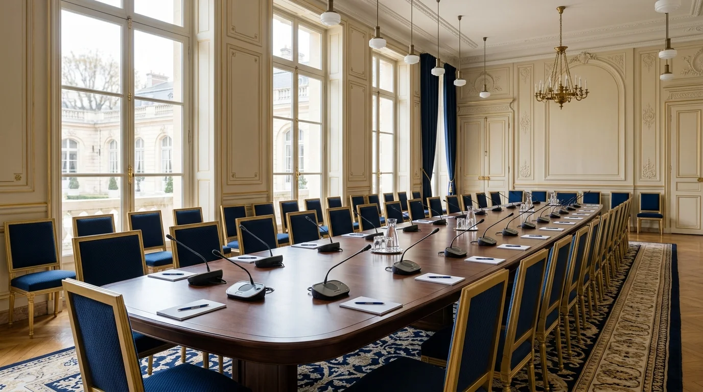 Formeller Konferenzsaal mit langem Tisch, Mikrofonen und gepolsterten Stühlen
