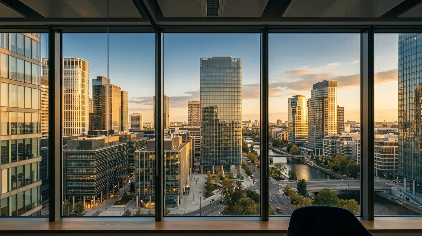Blick durch ein großes Bürofenster auf ein modernes Geschäftsviertel im Abendlicht