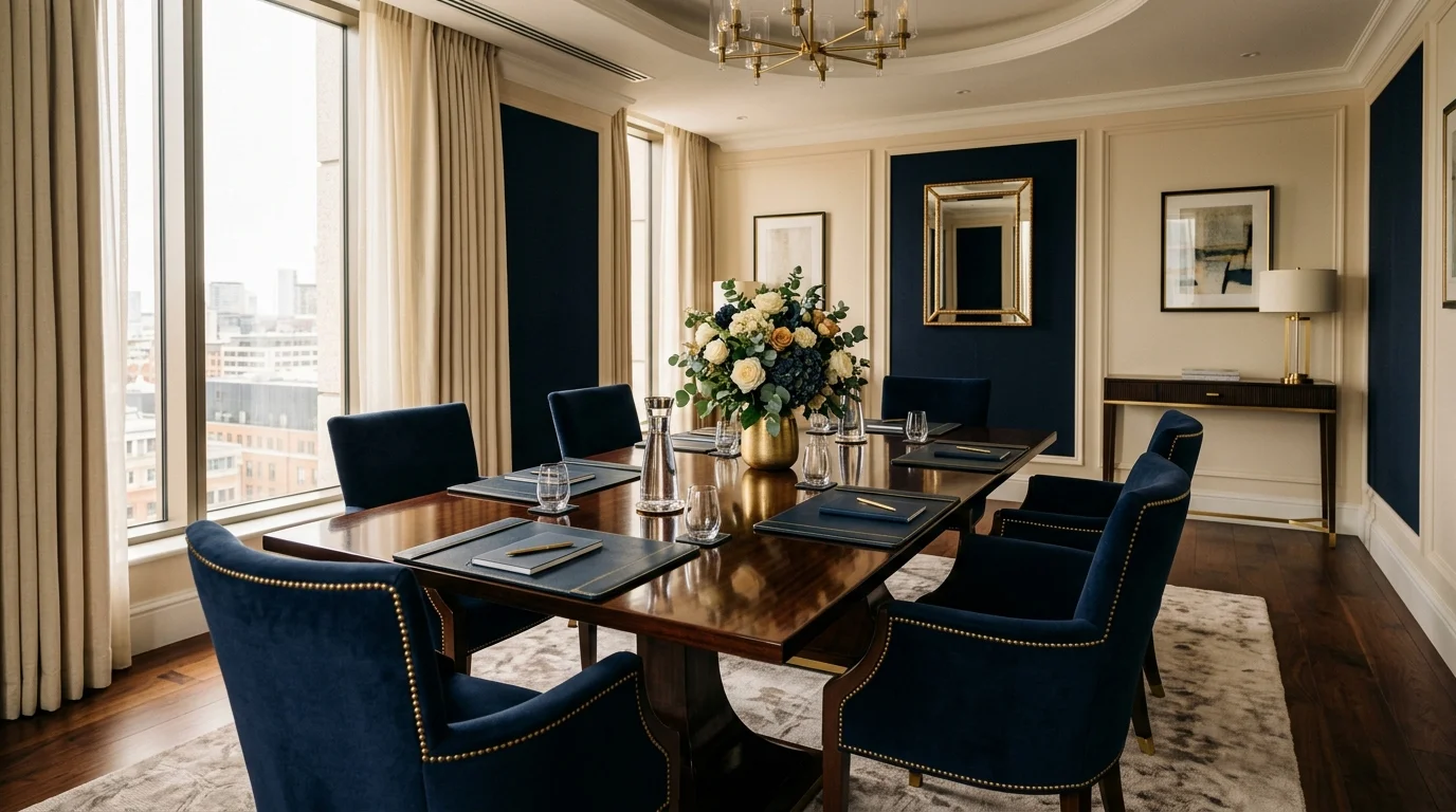 Eleganter Empfangsraum mit poliertem Tisch, frischen Blumen und gepolsterten Stühlen
