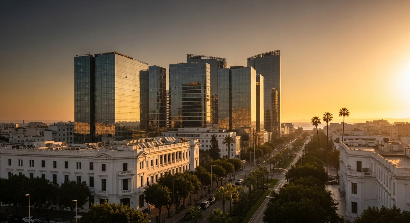 Skyline von Tunis im Abendlicht mit Blick in Richtung Mittelmeer